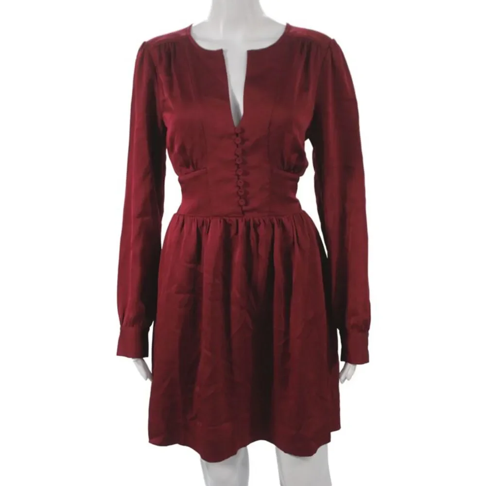 BCBGMAXAZRIA Womens Fit & Flare Red VNeck Long Sleeve Midi Dress Size S